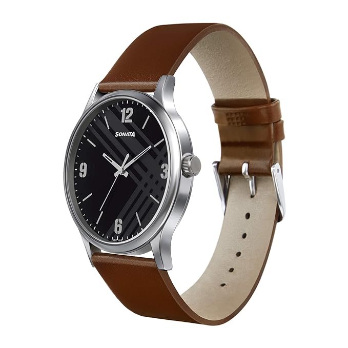 Sonata Smart Plaid Black Leather Watch for Men - Image 3