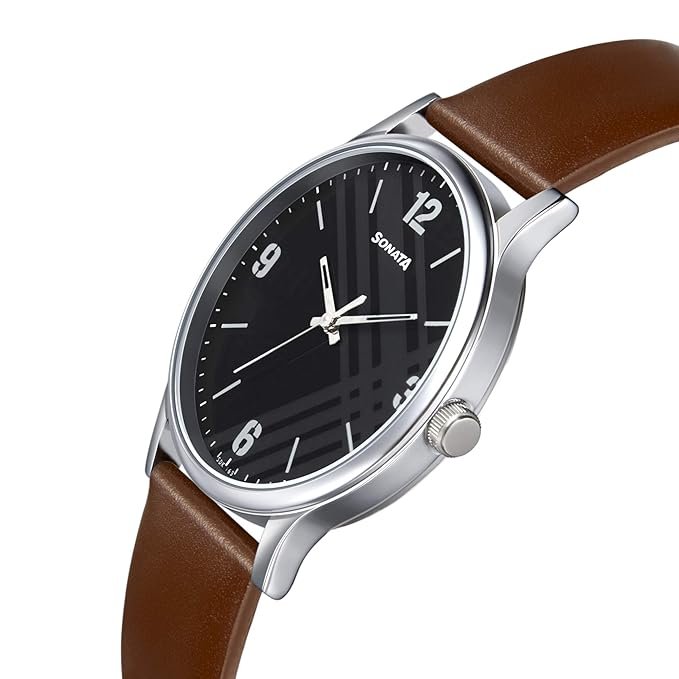 Sonata Smart Plaid Black Leather Watch for Men - Image 2